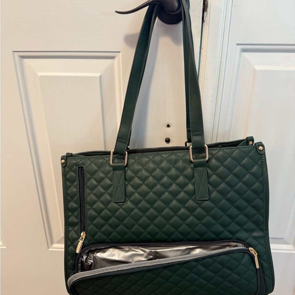 Quilted Dark Green Tote Bag with Front Zipper Pocket